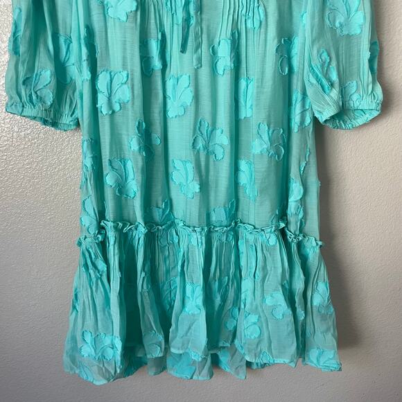 Sundance Dress Women Small Teal Fanciful Floral Mini Puff Sleeve Peplum Babydoll - Picture 5 of 11